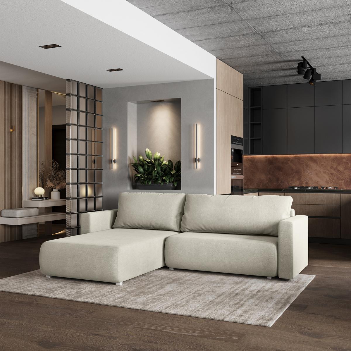 ECKSOFA TURIN Creme Geflochtener Stoff mit Schlaffunktion - Creme, Holz (265/183cm) - MASSENO