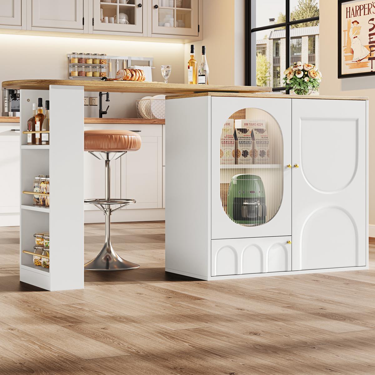 BARTISCH mit Stauraum Weiß Holzoptik 204 cm drehbar - Weiß, Glas/Holzwerkstoff (73/138/93cm) - Urban Meuble