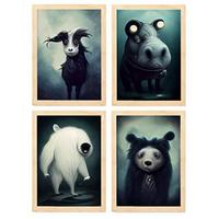 POSTER Set mit 4 Grässlich Tier im T Burton Goth Stil A3 Rahmen aus hellem Holz - Beige, Papier (29.7/3cm) - Nacnic