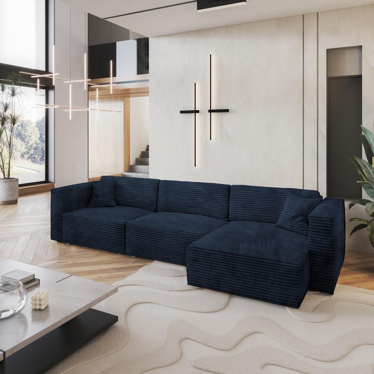 ECKSOFA TOLMO Blau Kordstoff mit Schlaffunktion - Blau/Grau, Holz/Kunststoff (347/148cm) - MASSENO