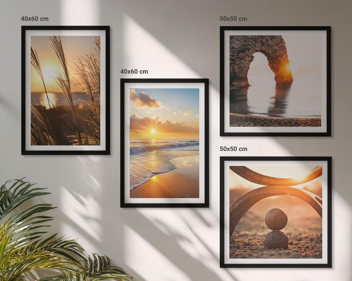 BILDER SET 4er Set - 50x50 cm & 40x60 cm Schwarzer Rahmen - Ruhige Landschaften am Strand der Sonne - Schwarz, Kunststoff (50/50cm) - TULUP