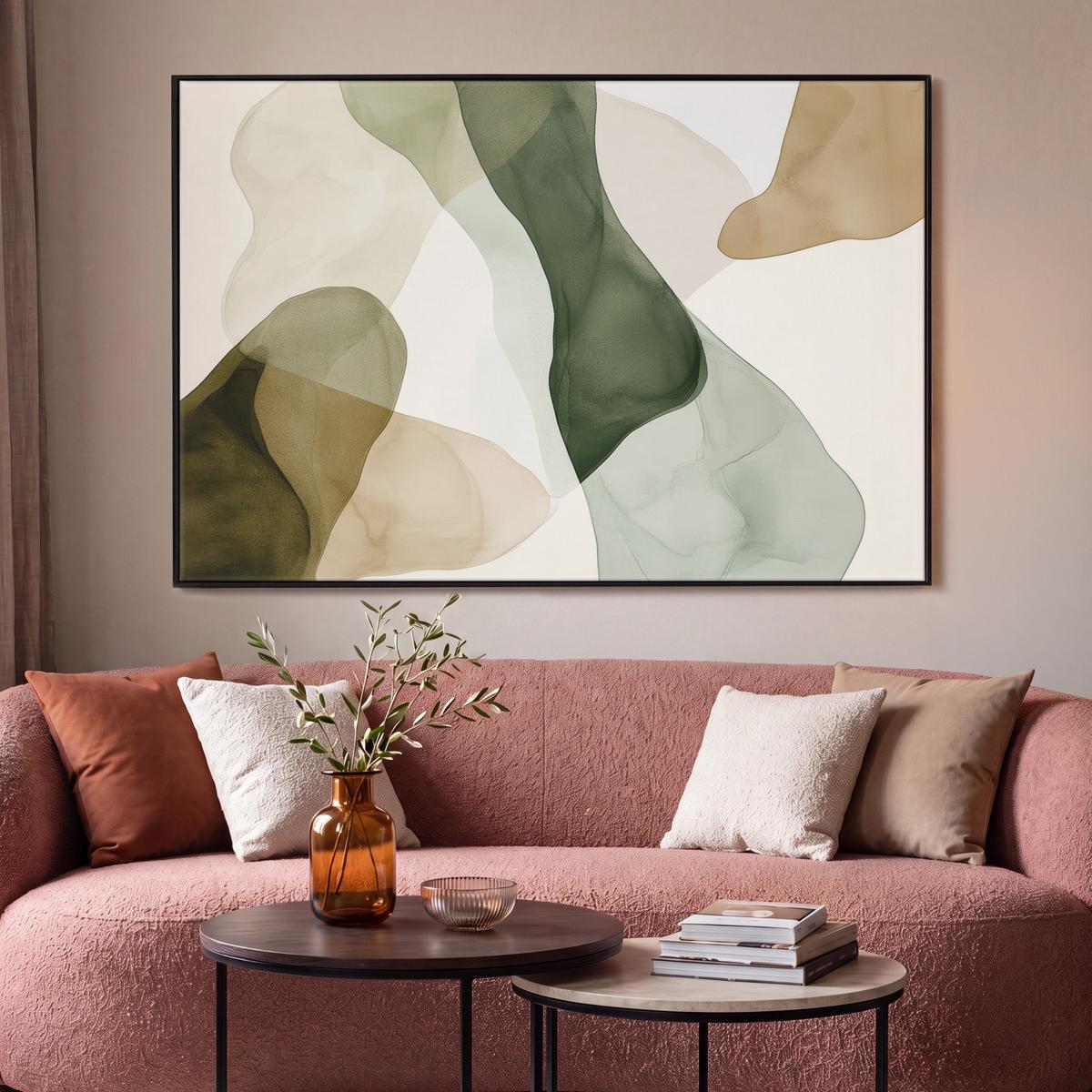 LEINWAND Bilder mit Rahmen - Japandi - Abstrakt - Grün - 120x80 - Salbeigrün, Textil (120/80cm) - MuchoWow