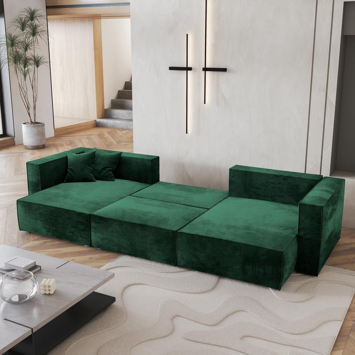 WOHNLANDSCHAFT SARMO M Grün Velours-Stoff mit Schlaffunktion - Grau/Grün, Holz/Kunststoff (347/70/148cm) - MASSENO