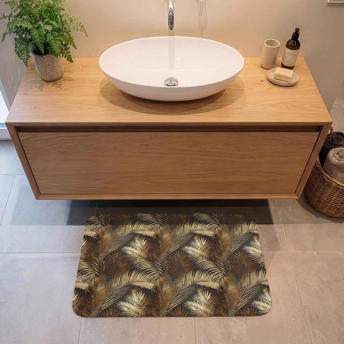 BADEMATTE Tropisch - Blätter - Gold Badvorleger 80x50 cm - Dunkelbraun/Goldfarben, Textil (80/50cm) - OnlyWow