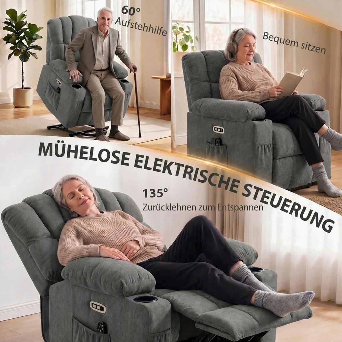 ELEKTRISCHER-AUFSTEHSESSEL Frottee 100 Polyester Grau - Grau, Textil/Metall (87/107/92cm) - HOMCOM