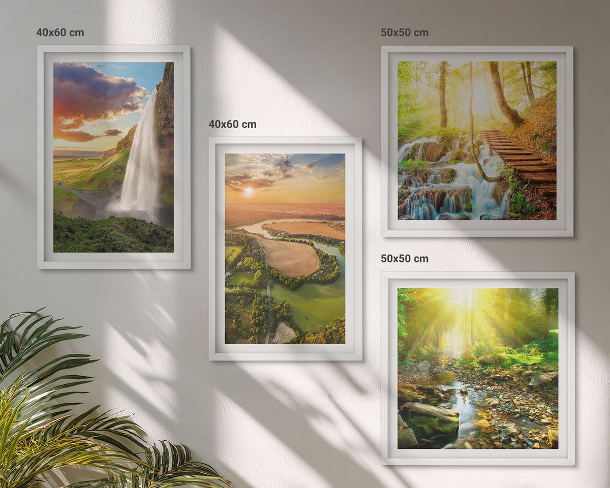 BILDER SET 4er Set - 50x50 cm & 40x60 cm Weißer Rahmen - Orange Mountain Wasserfall - Weiß, Kunststoff (50/50cm) - TULUP