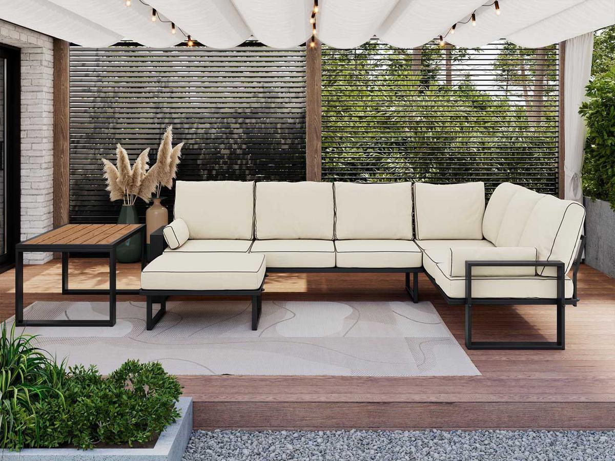 GARTENMÖBEL-SET ELBA: 1x Tisch, 1x Ecksofa, 1x Hocker - Beige - Beige, Textil - MKS