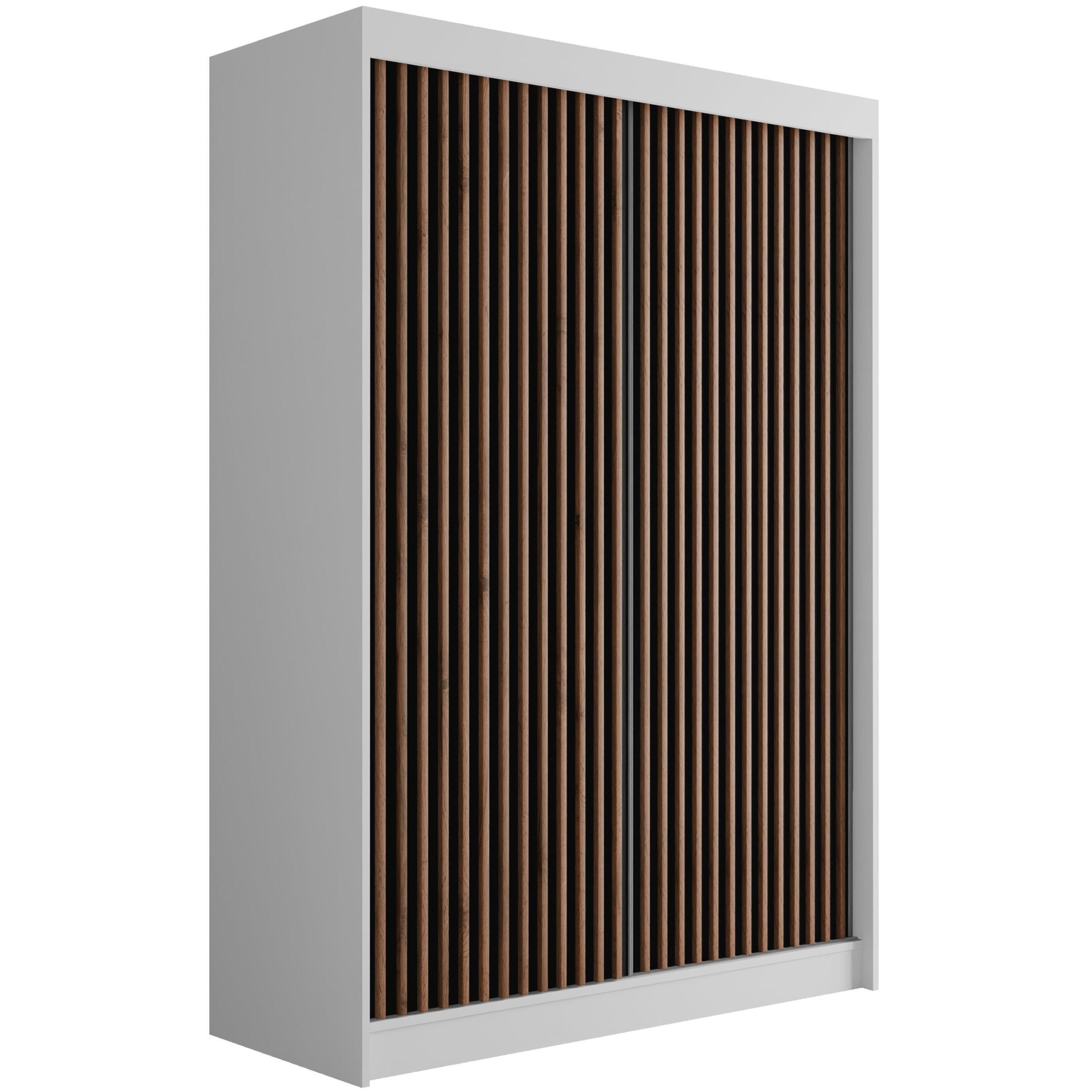 KLEIDERSCHRANK mit Lamel-Schiebetüren VILANv2 - 120 cm Weiß + Lamelle Eiche Wotan - Eiche Wotan/Weiß, Holzwerkstoff (120/215/61cm) - ALTDECOR