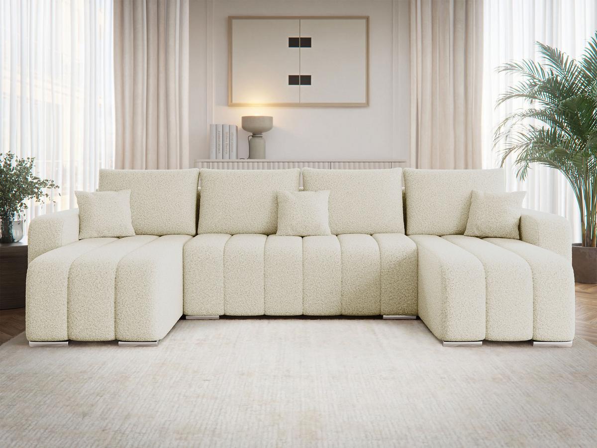 WOHNLANDSCHAFT Pufetto U Boucle - Silberfarben/Creme, Holz/Textil (313/86/147cm) - MIRJAN24