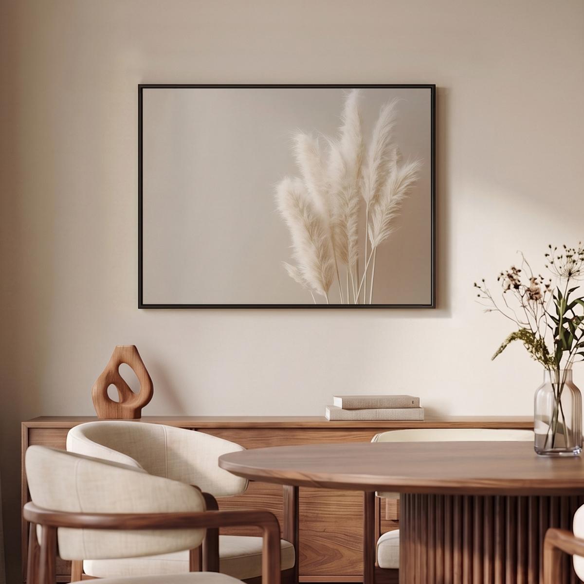 LEINWAND Bilder mit Rahmen - Pampasgras - Federn - Pastell - Weiß - 80x60 - Naturfarben, Textil (80/60cm) - MuchoWow