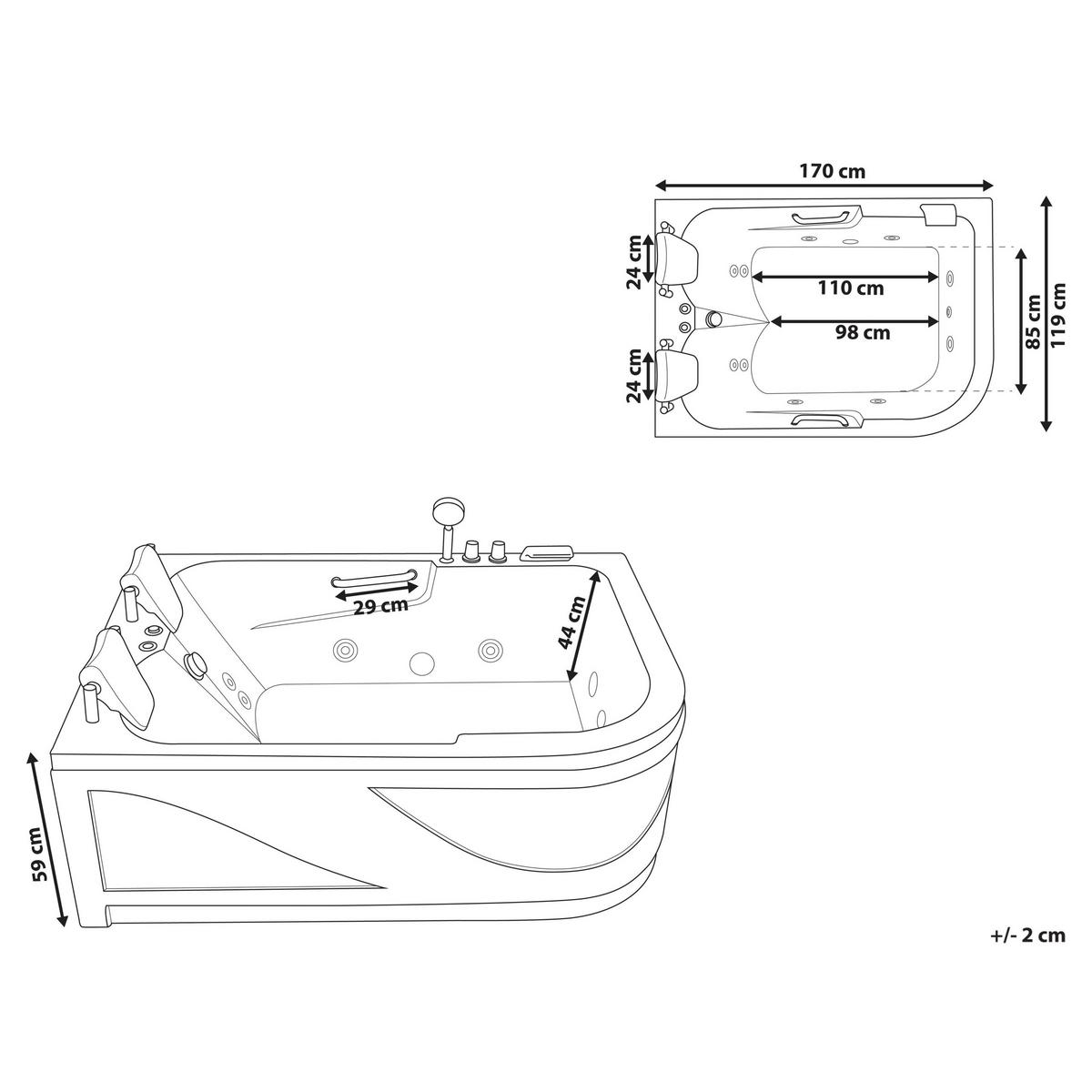 WHIRLPOOL-BADEWANNE mit LED 119x170x59 cm weiß Bayamo - Weiß, Kunststoff (119/59/170cm) - Beliani