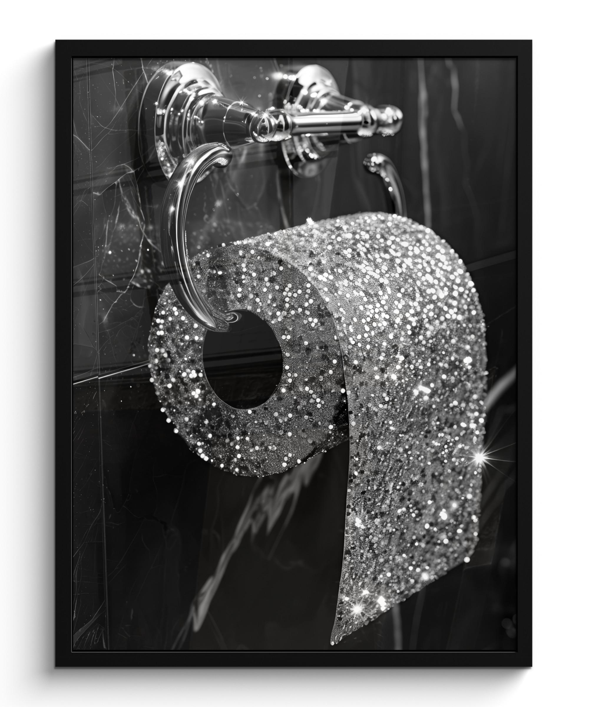 POSTER MIT RAHMEN WC - Toilettenpapier - Schwarz und weiß - Glitter Posterleiste 60x80 cm - Silberfarben, Papier (60/80cm) - MuchoWow