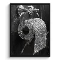 POSTER MIT RAHMEN WC - Toilettenpapier - Schwarz und weiß - Glitter Posterleiste 60x80 cm - Silberfarben, Papier (60/80cm) - MuchoWow