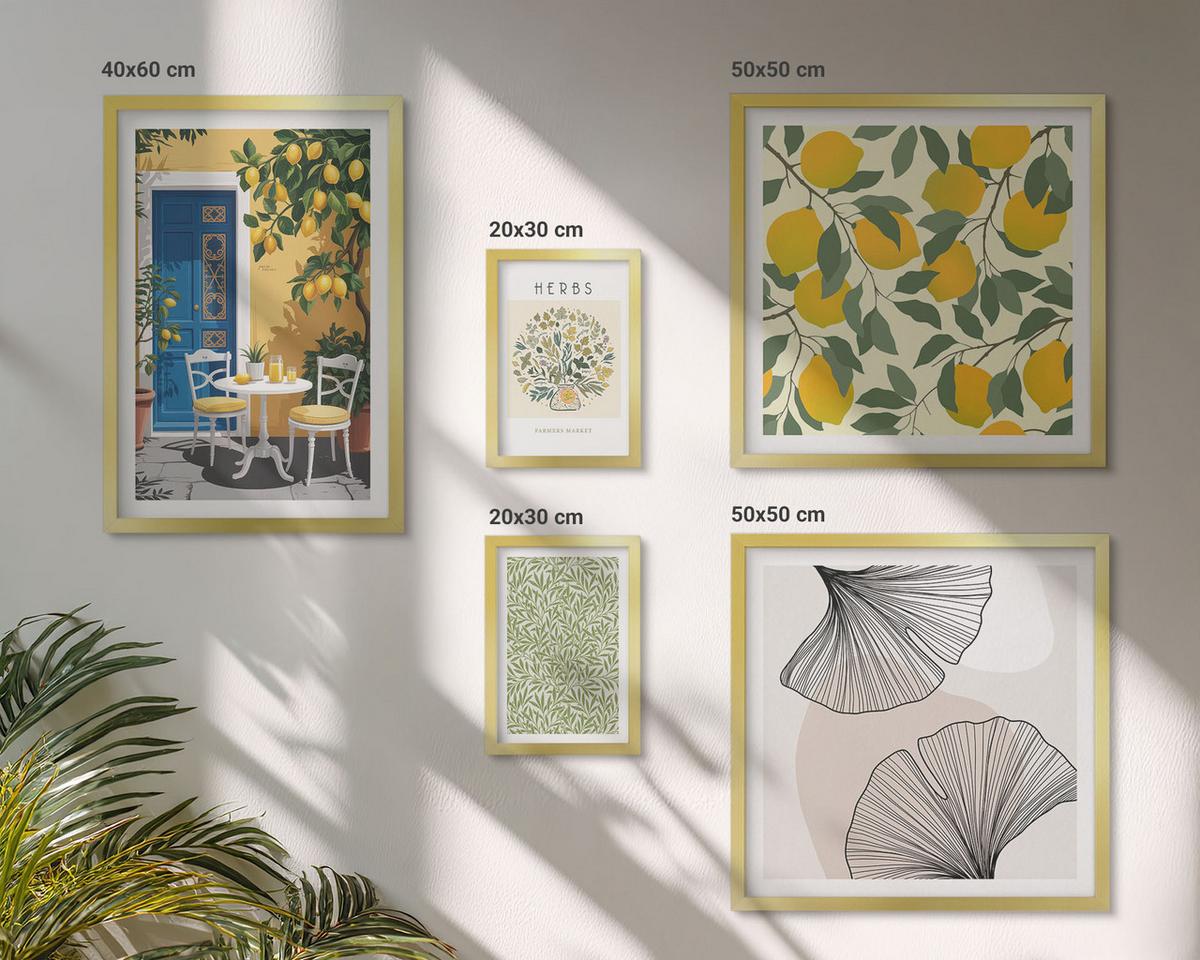 BILDER SET 5er Set - 50x50 cm & 20x30 cm & 40x60 cm Goldrahmen - Zitronenkräuter und -blätter - Goldfarben, Kunststoff (40/60cm) - TULUP