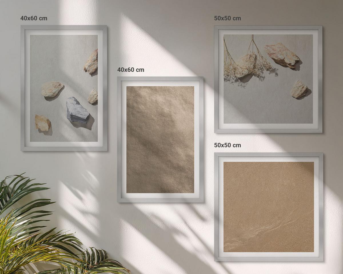 BILDER SET 4er Set - 50x50 cm & 40x60 cm Silberner Rahmen - Strandsteine natürliche Strukturen - Silberfarben, Kunststoff (50/50cm) - TULUP