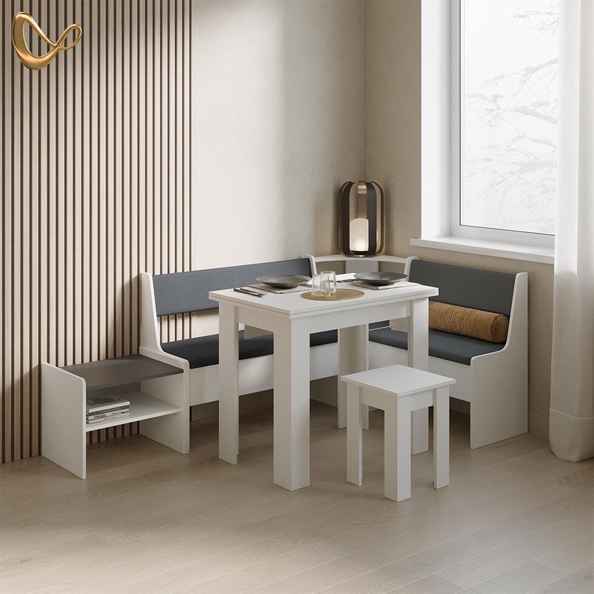 ECKBANKGRUPPE Tiberio Weiß 150 x 120 cm mit Tisch - Weiß, Holzwerkstoff (150/80/120cm) - Livinity®