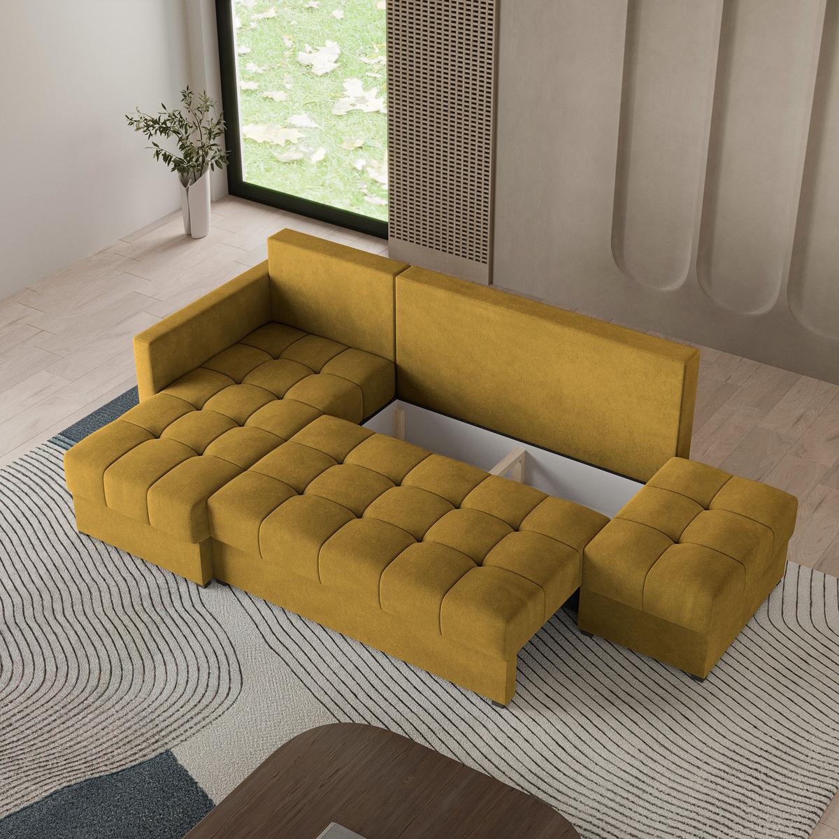 ECKSOFA LUMARI L-S Gelb Plüsch-Stoff mit Schlaffunktion - Gelb, Holz (262/143cm) - MASSENO