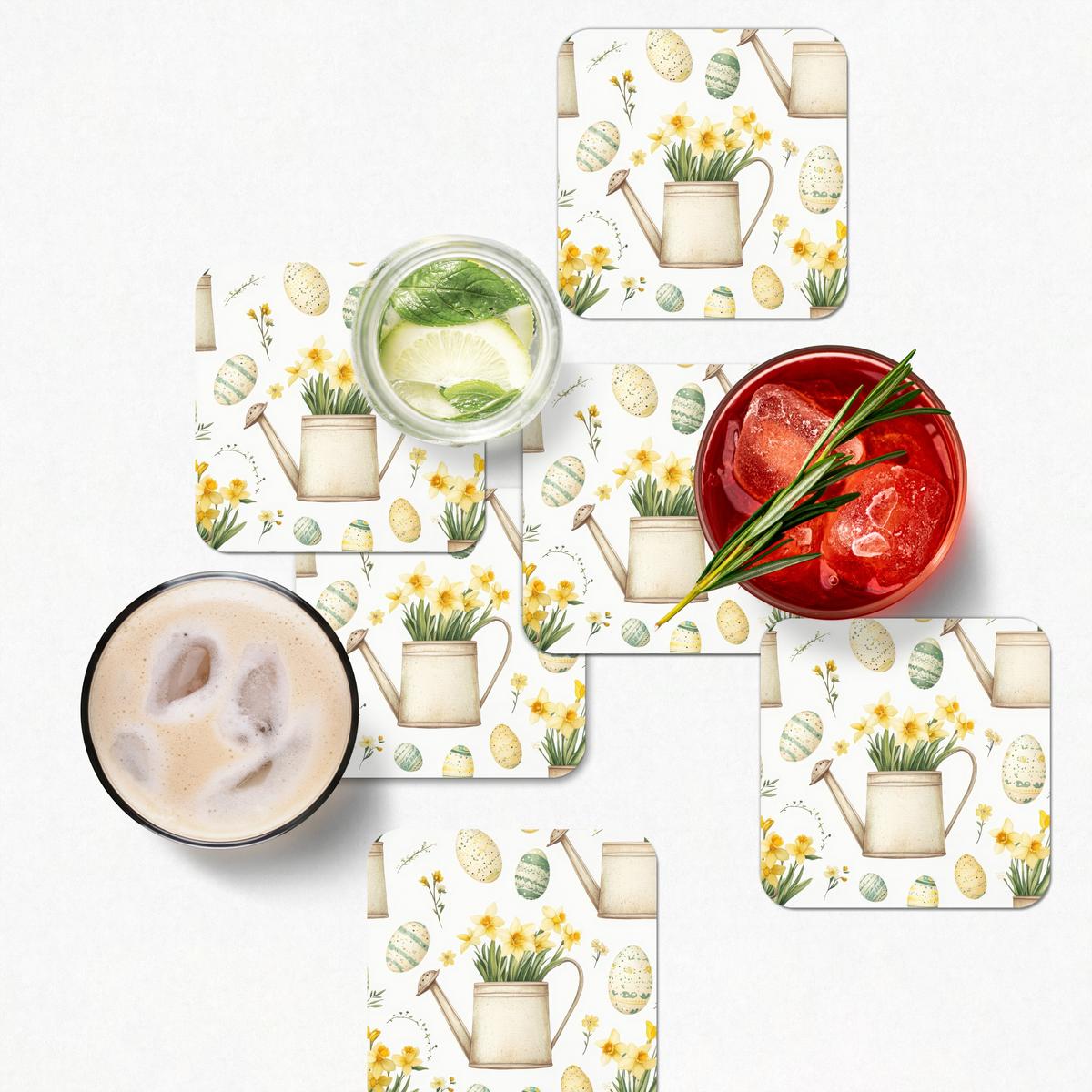 GLASUNTERSETZER 6er-Set Gießkanne - Blumen - Eier Tischset für Gläser 10x10 cm - Weiß, Naturmaterialien (10/0.2cm) - MuchoWow