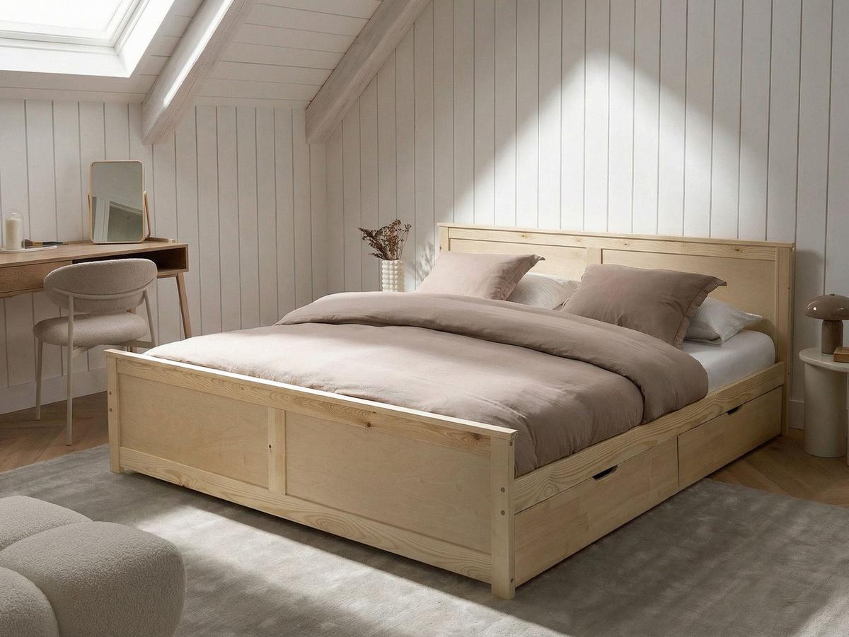 BETT mit 2 Schubladen 180/200 cm Kiefernholz Hellbraun Dauphin - Hellbraun, Holz (180/200cm) - Beliani