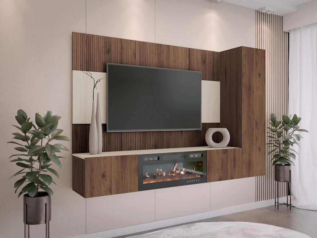WOHNWAND Deromi VI mit Kamin - Braun, Holzwerkstoff (220/150/38cm) - MIRJAN24