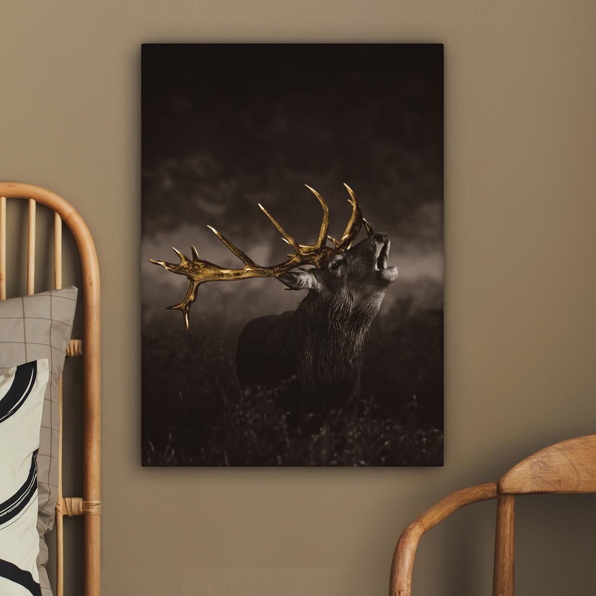 LEINWANDBILD Rotwild - Schwarz - Gold Wandbild Wohnzimmer 60x80 cm - Braun, Textil (60/80cm) - MuchoWow