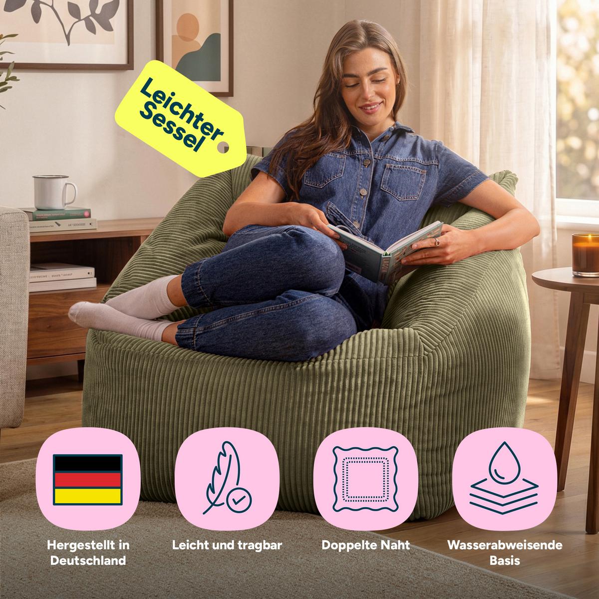 SITZSACK Cord Sessel Natalia - Salbeigrün, Textil (97/73/84cm) - icon