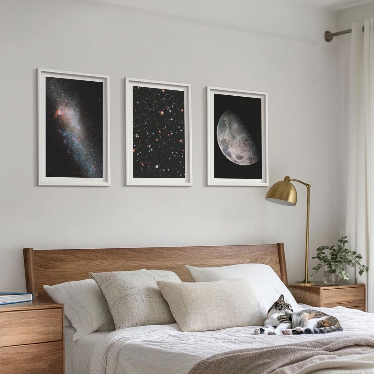 BILDER SET 3er Set - 40x60 cm Weißer Rahmen - Weltraum Galaxien Sterne Mond - Weiß, Kunststoff (40/60cm) - TULUP