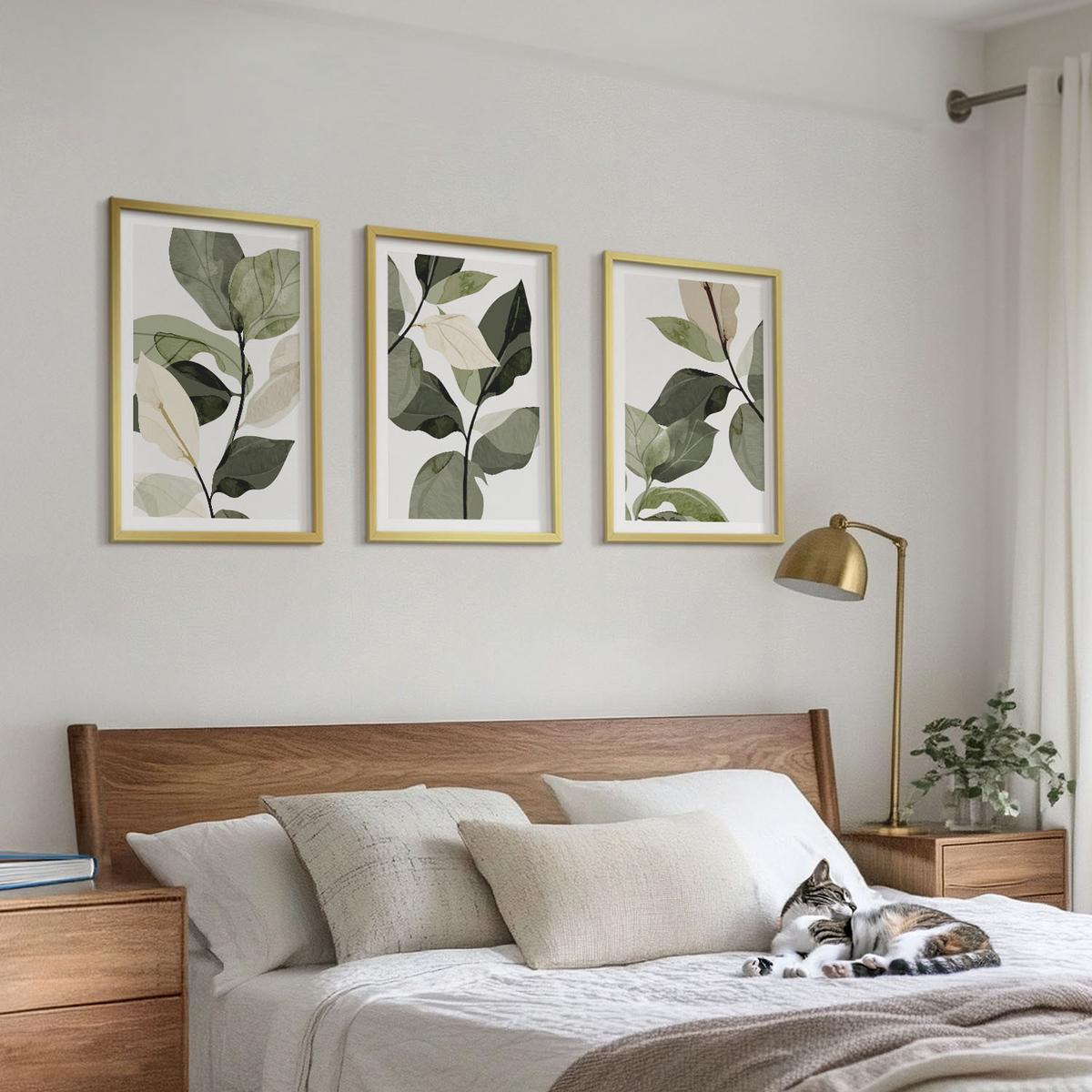 BILDER SET 3er Set - 40x60 cm Goldrahmen - Bemalte Boho-Pflanzenblätter - Goldfarben, Kunststoff (40/60cm) - TULUP