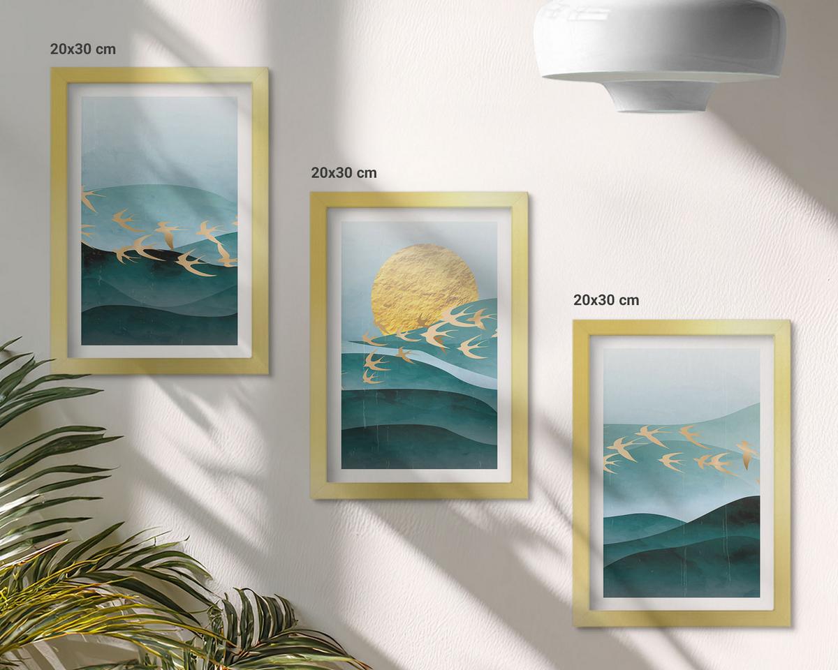 BILDER SET 3er Set - 20x30 cm Goldrahmen - Abstrakte Sonnenuntergangslandschaften - Goldfarben, Kunststoff (20/30cm) - TULUP