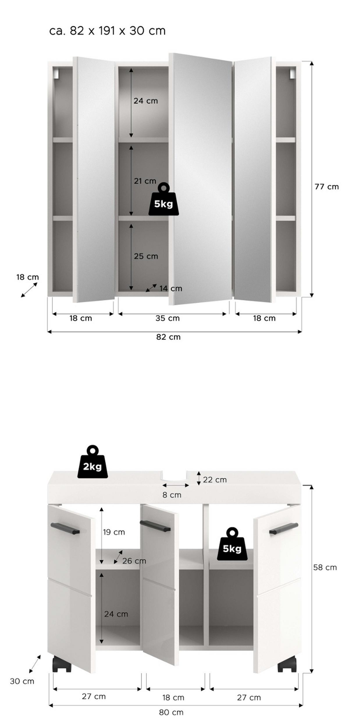 BADMÖBEL-SET weiß Hochglanz 2-teilig 82 cm, Badkombination auf Rollen - Weiß Hochglanz/Schwarz, Glas/Holzwerkstoff (82/191/30cm) - Inn.Furn