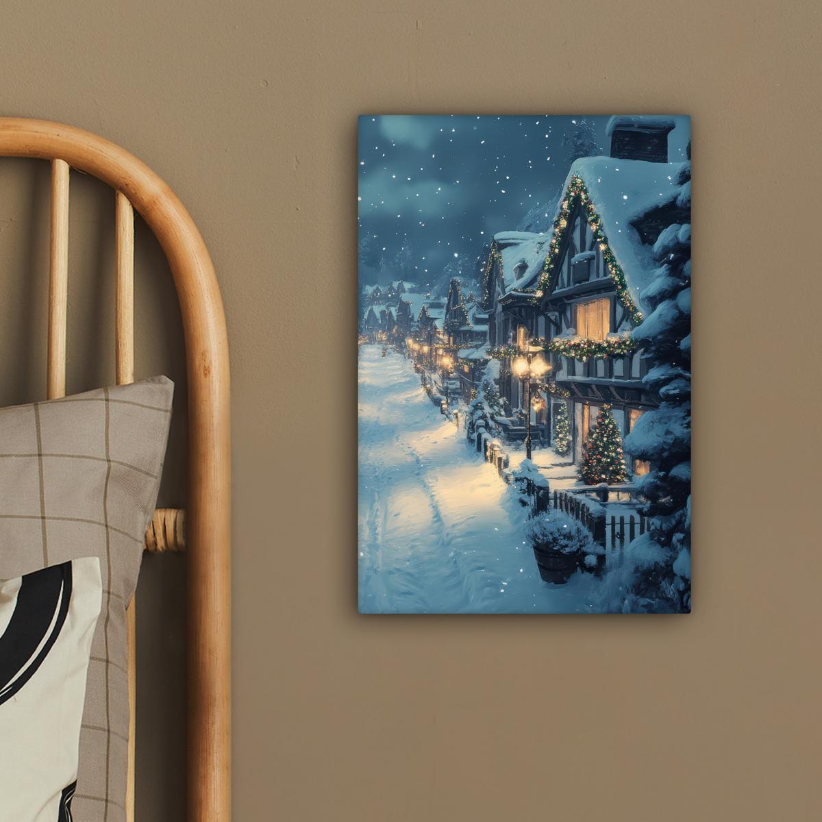 LEINWANDBILD Weihnachtsdorf - Weihnachten - Schnee - Winter Deko Wohnzimmer 20x30 cm - Dunkelblau, Textil (20/30cm) - MuchoWow
