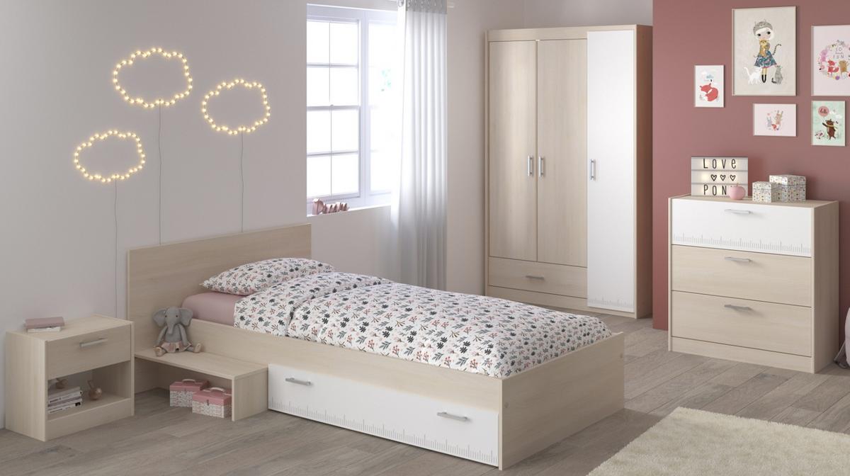 JUGENDZIMMER Set 4-tlg Kleiderschrank Kommode Bett 90 x 200 cm - Silberfarben/Weiß, Holz/Holzwerkstoff (90/179/200cm) - Parisot Meuble