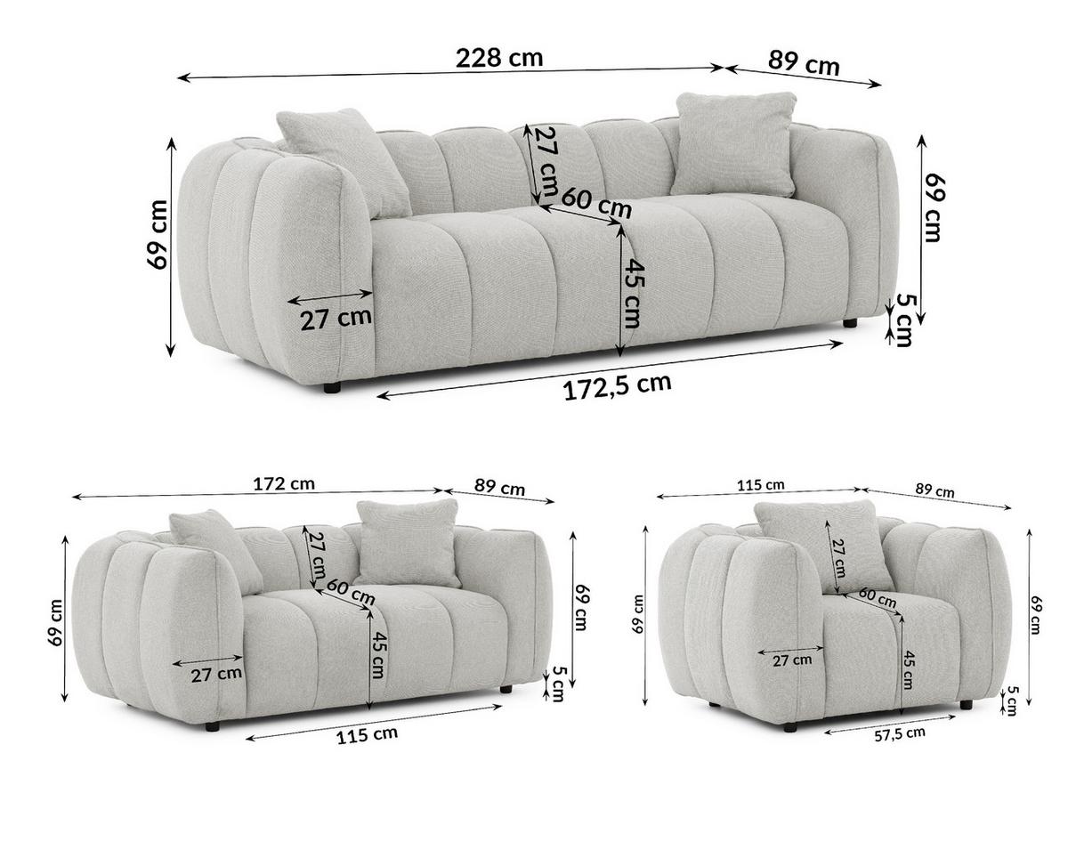 SITZGARNITUR 3+2+1 Nubira in tief gesteppter Bubble-Optik aus weichem Hellgrau Strukturstoff im modernen Design - Hellgrau/Schwarz, Holz/Kunststoff (228/69/89cm) - S-Style Möbel