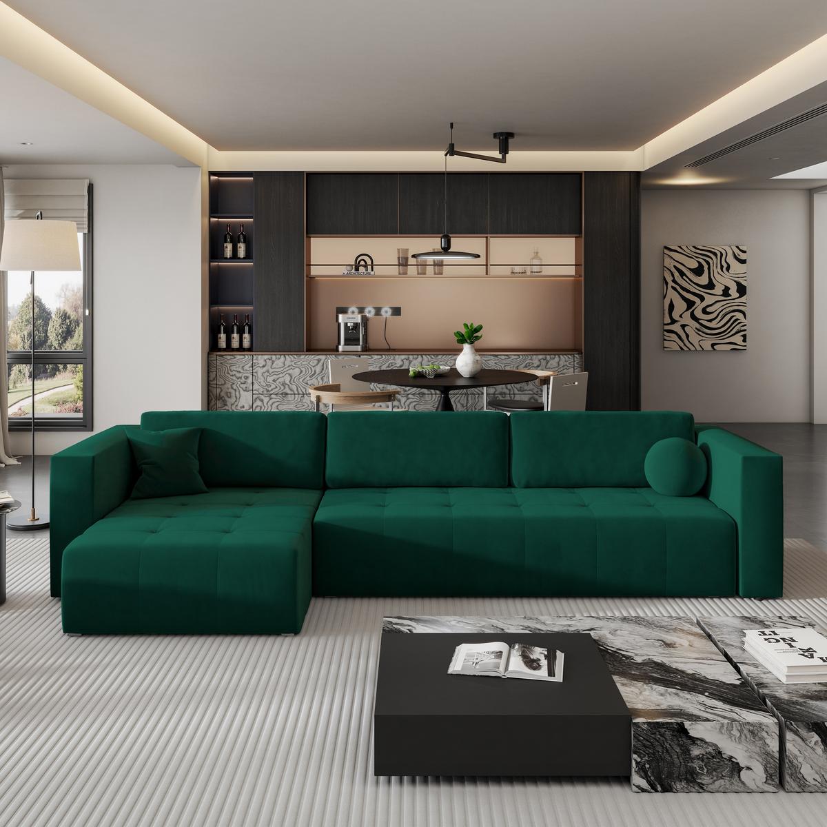 ECKSOFA OLVERA Grün Plüsch-Stoff mit Schlaffunktion - Grün, Holz (347/148cm) - MASSENO