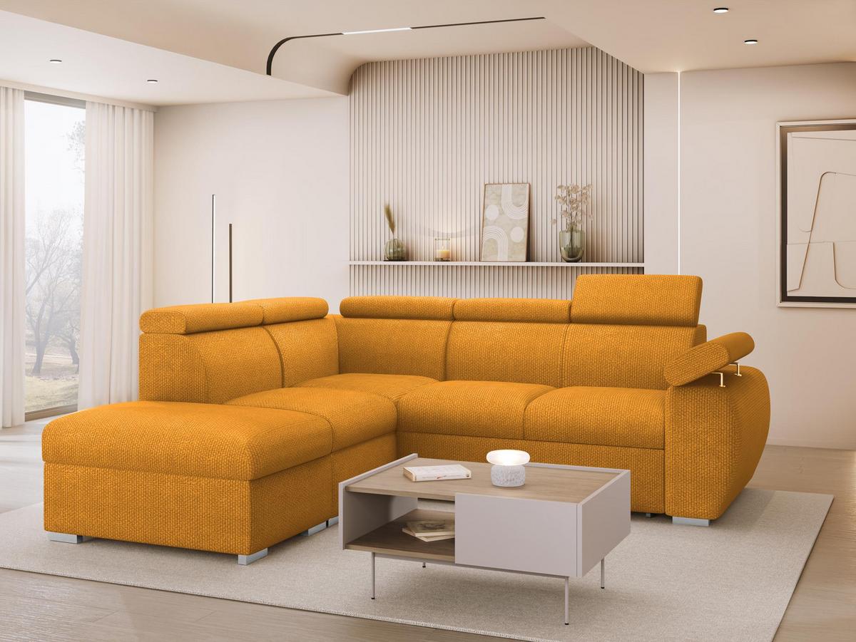 ECKSOFA Boston 2RR1P, Seite: Links PUFAP+R+1P(65)+2R - Currygelb/Silberfarben, Holz/Textil (260/230cm) - MIRJAN24