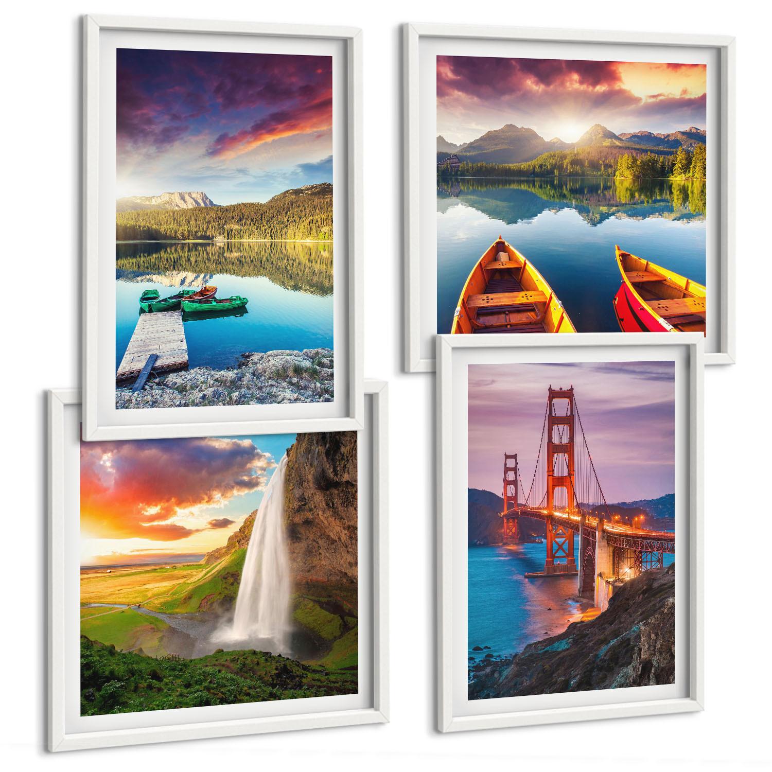BILDER SET 4er Set - 50x50 cm & 40x60 cm Weißer Rahmen - Bergseen, Boote, Brücken - Weiß, Kunststoff (50/50cm) - TULUP