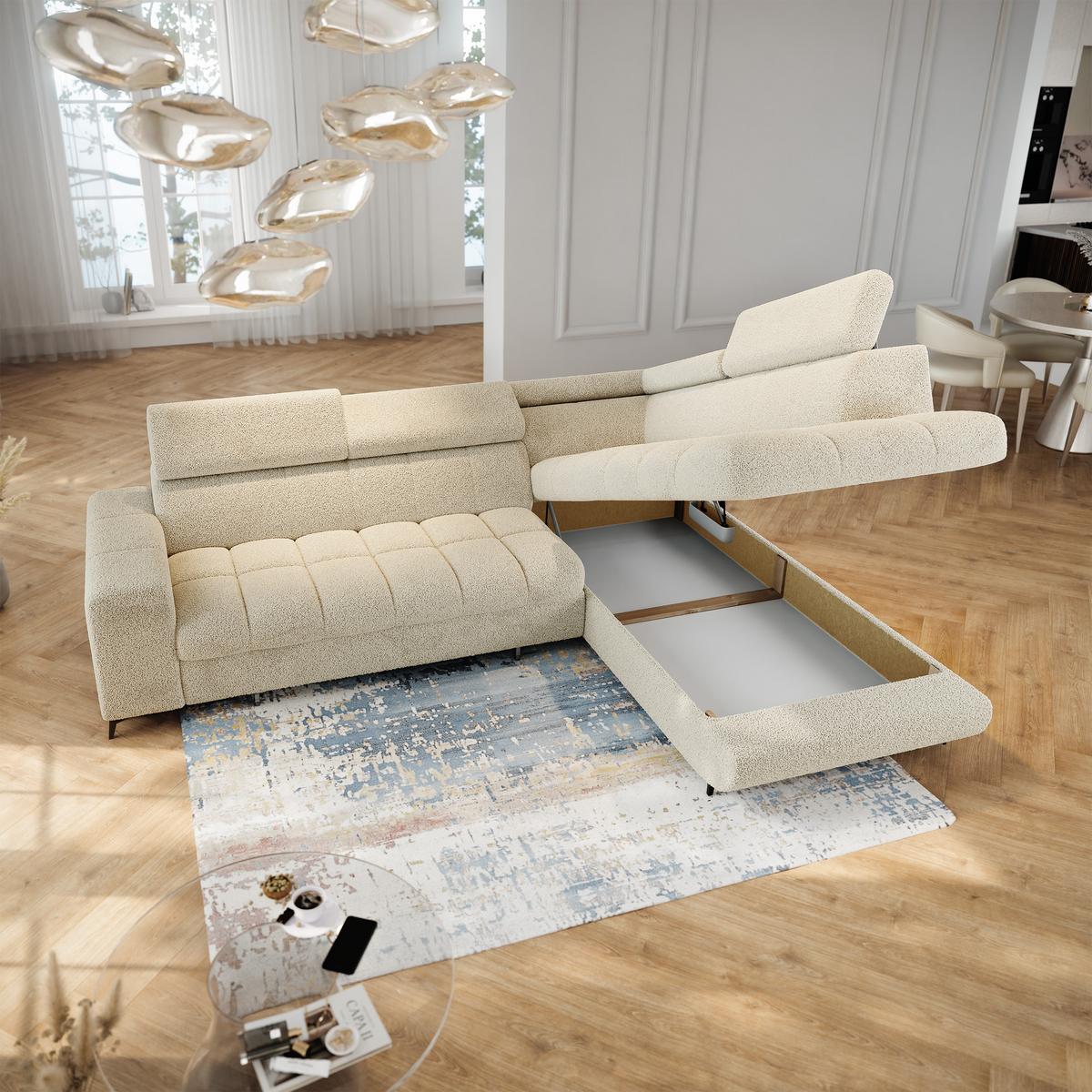 ECKSOFA MORIVA Q R-S Creme Boucle-Stoff mit Schlaffunktion - Creme, Holzwerkstoff/Textil (253/190cm) - MASSENO