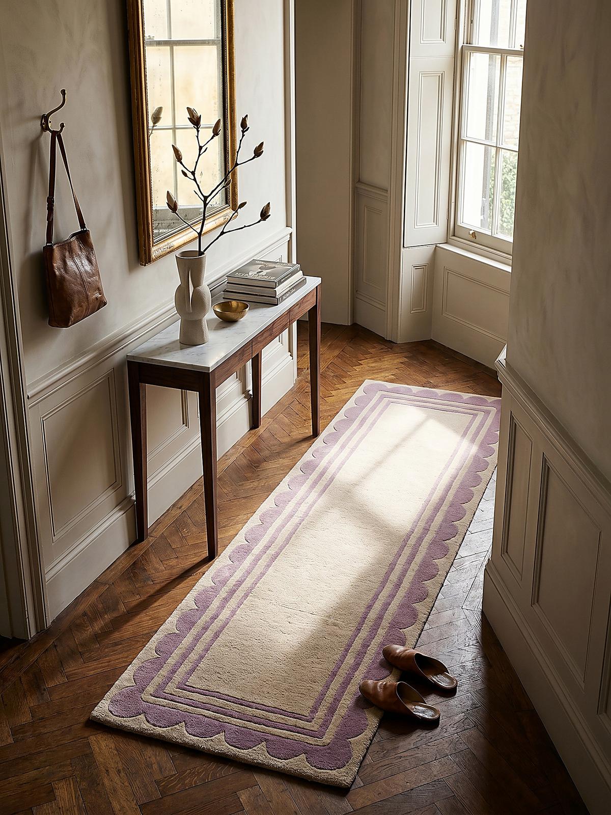 WOLLTEPPICH WENSUM, mit grafischem Muster mit Rahmen, Lila-Beige, 80 x 230 cm - Lila, Textil (230/80cm) - KADIMA DESIGN