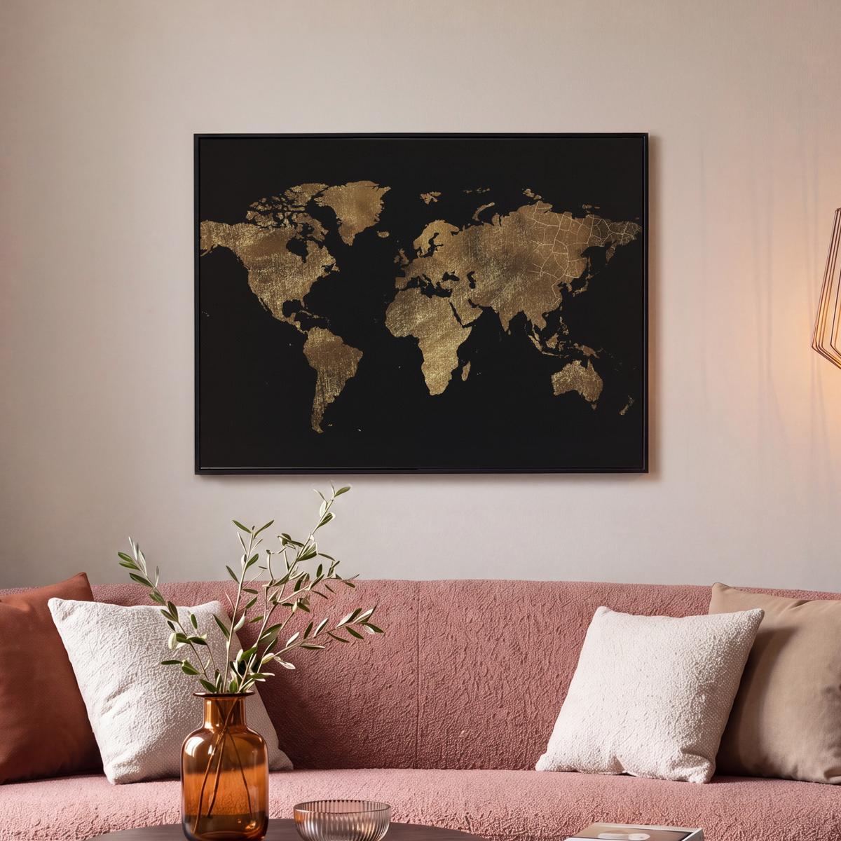 LEINWAND Bilder mit Rahmen - Weltkarte - Gold - Luxus - Erde - Schwarz - 80x60 - Goldfarben, Textil (80/60cm) - MuchoWow