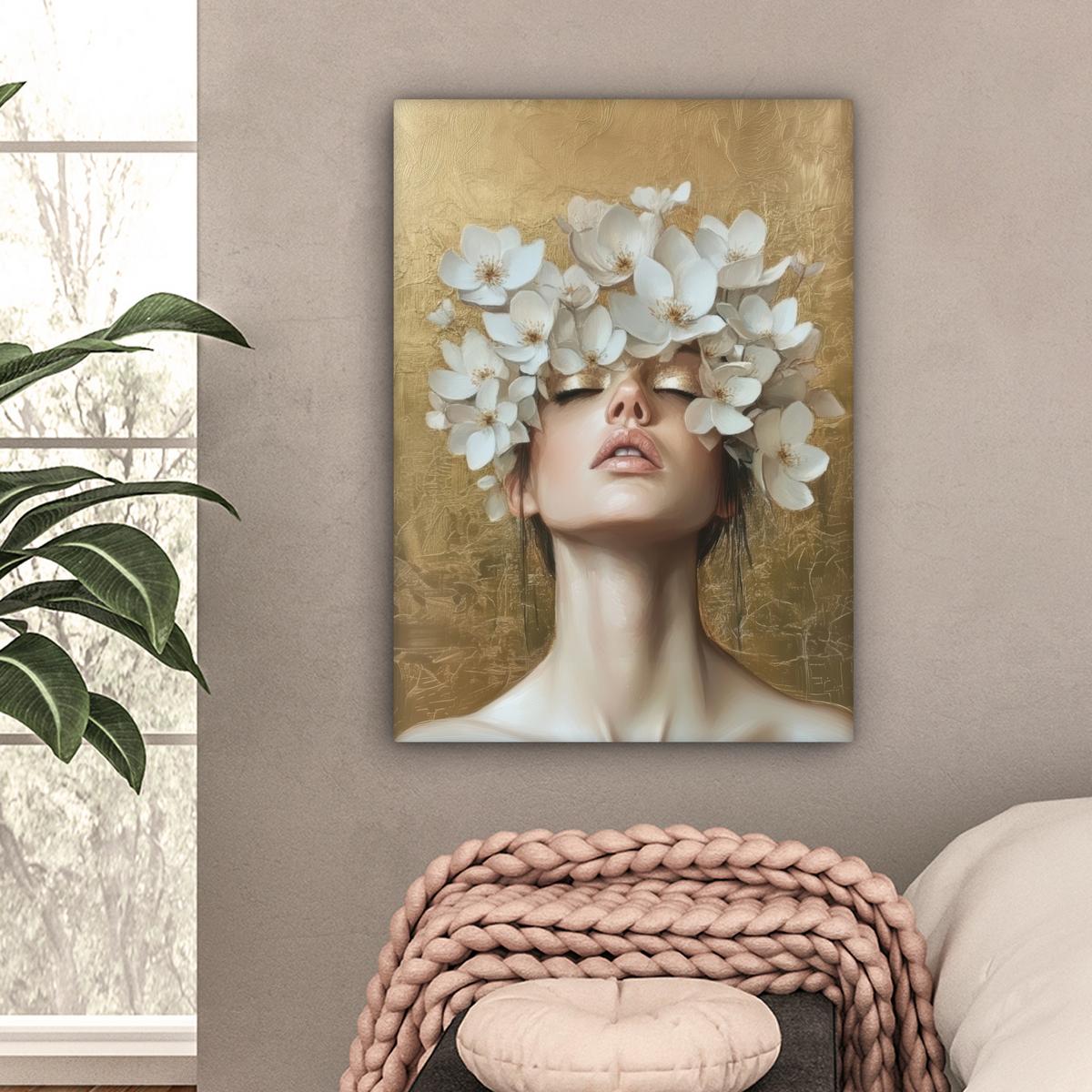 LEINWANDBILD Gesicht - Blumen - Gold - Abstrakt Wandbild Wohnzimmer 60x80 cm - Goldfarben, Textil (60/80cm) - MuchoWow