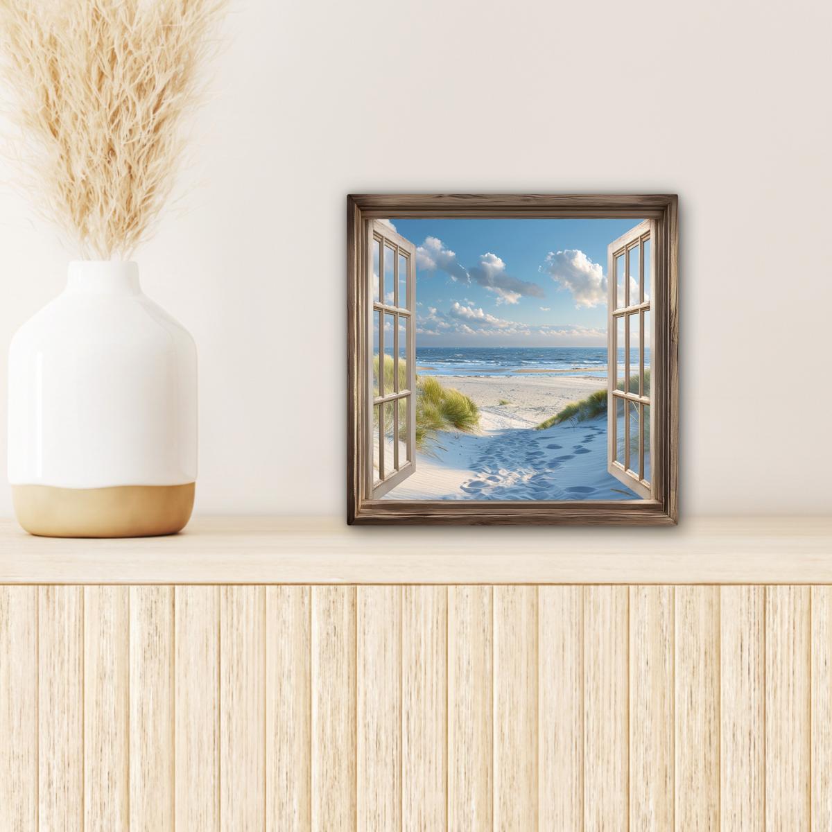LEINWANDBILD Aussicht - Strand - Fenster - Dünen - Meer Deko Wohnzimmer 20x20 cm - Hellblau, Textil (20/20cm) - MuchoWow