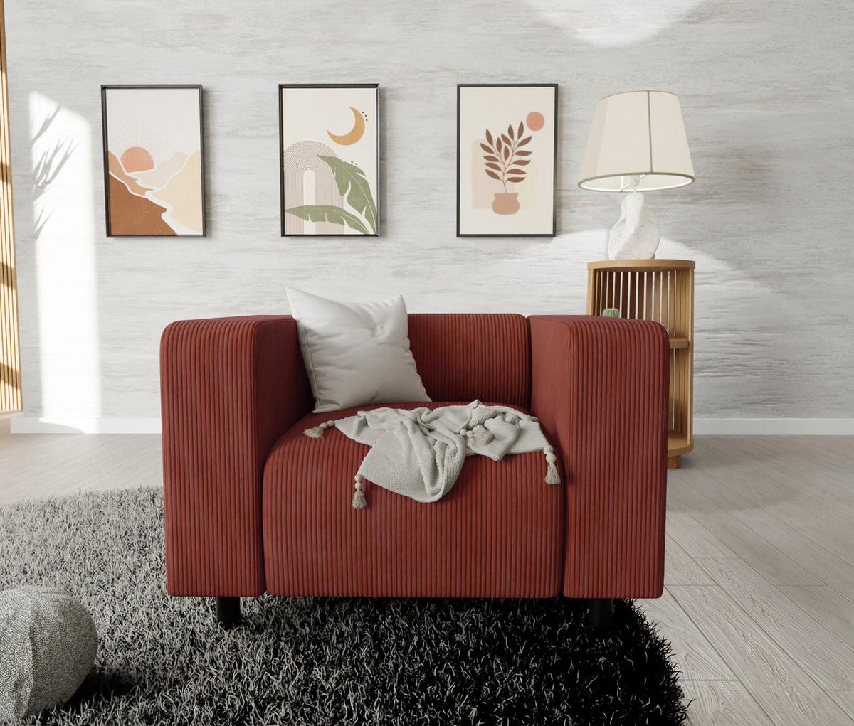 SITZGARNITUR 3+1 Tove Terrakotta Cord - Terracotta/Schwarz, Holz/Kunststoff (175/65/80cm) - S-Style Möbel