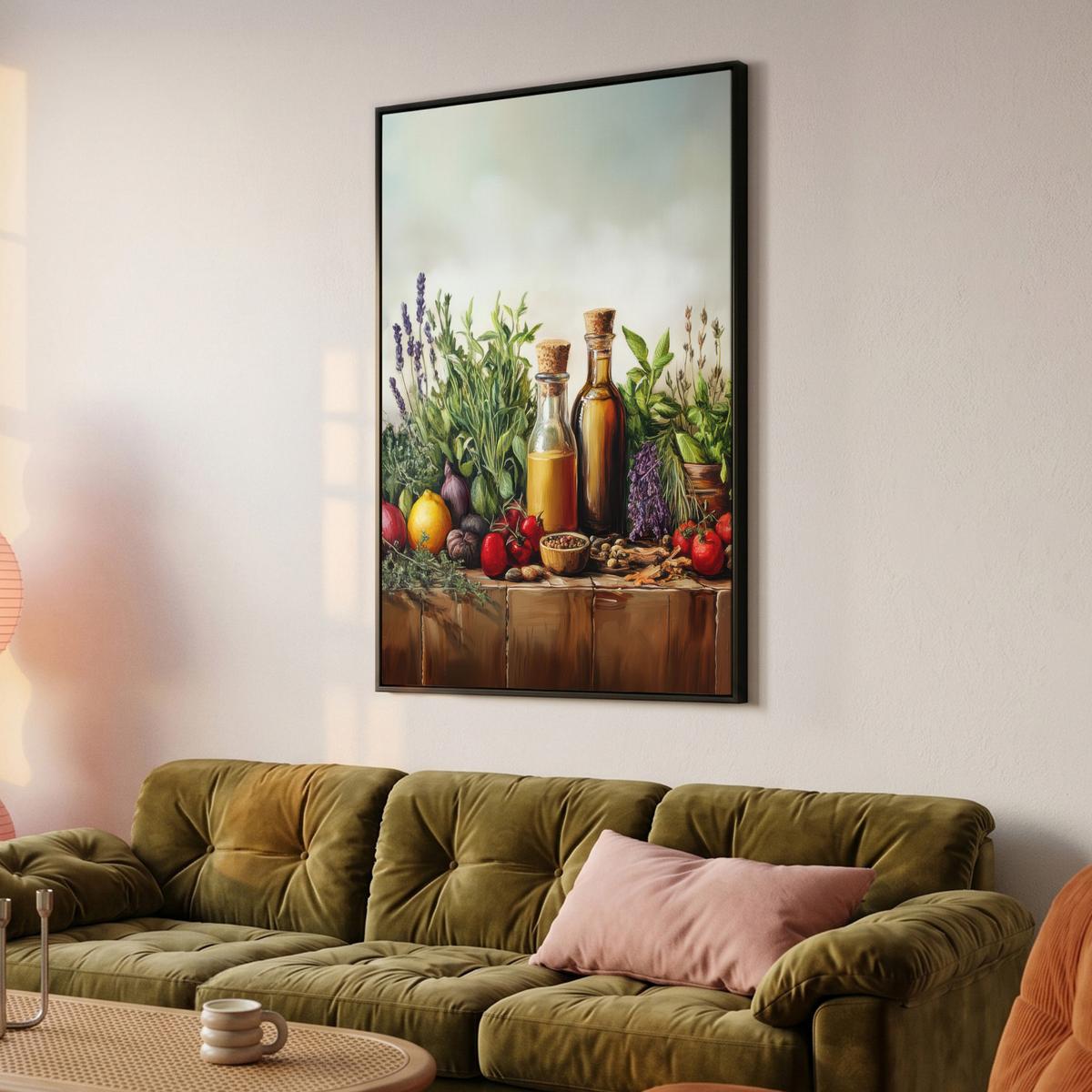LEINWAND Bilder mit Rahmen - Stilleben - Kräuter - Gewürze - Früchte - Farbenfroh - 80x120 - Grün, Textil (80/120cm) - MuchoWow