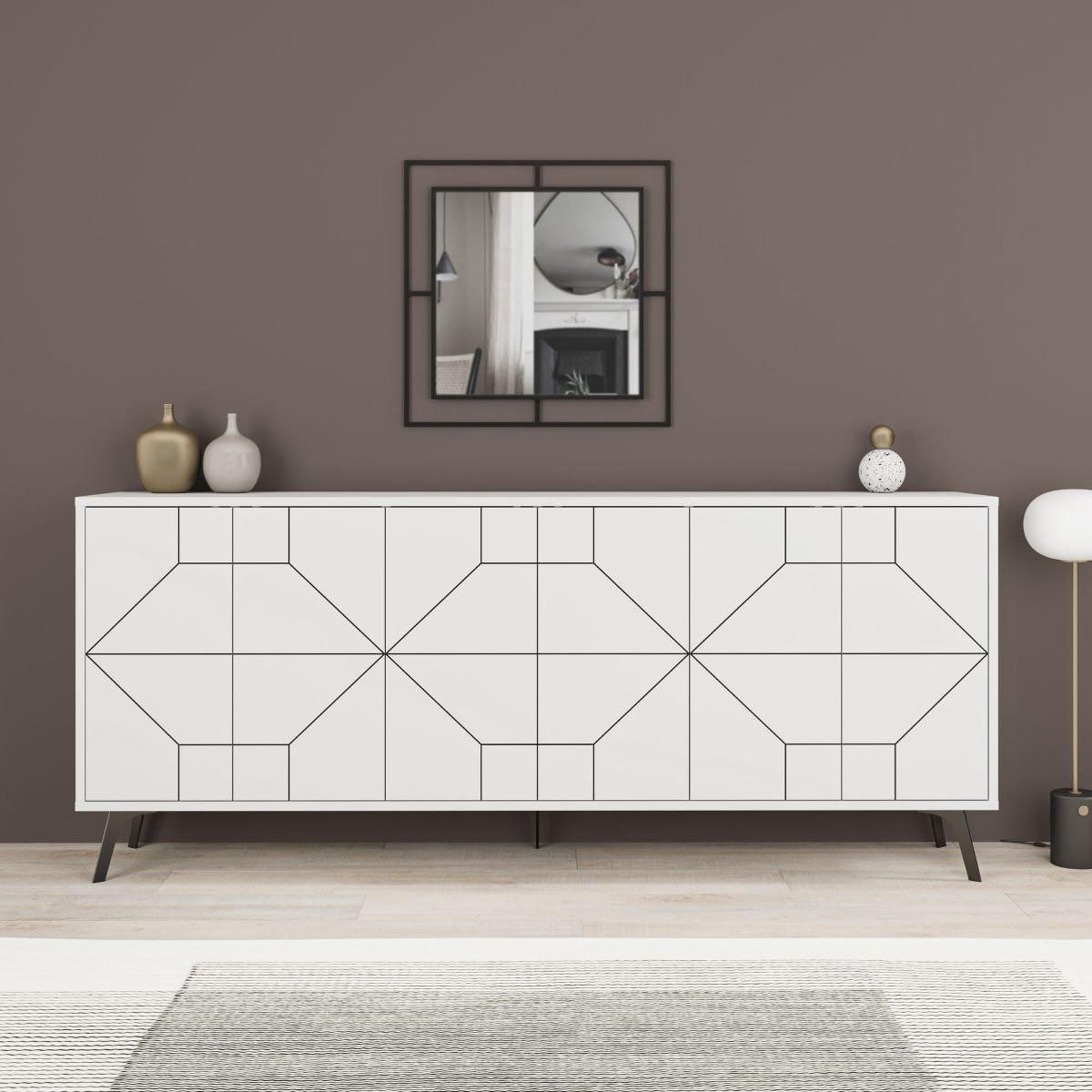 SIDEBOARD mit 6 dekorierten Türen L184 cm - Dune - Weiß, Holzwerkstoff (35/77.4/184cm) - Calicosy