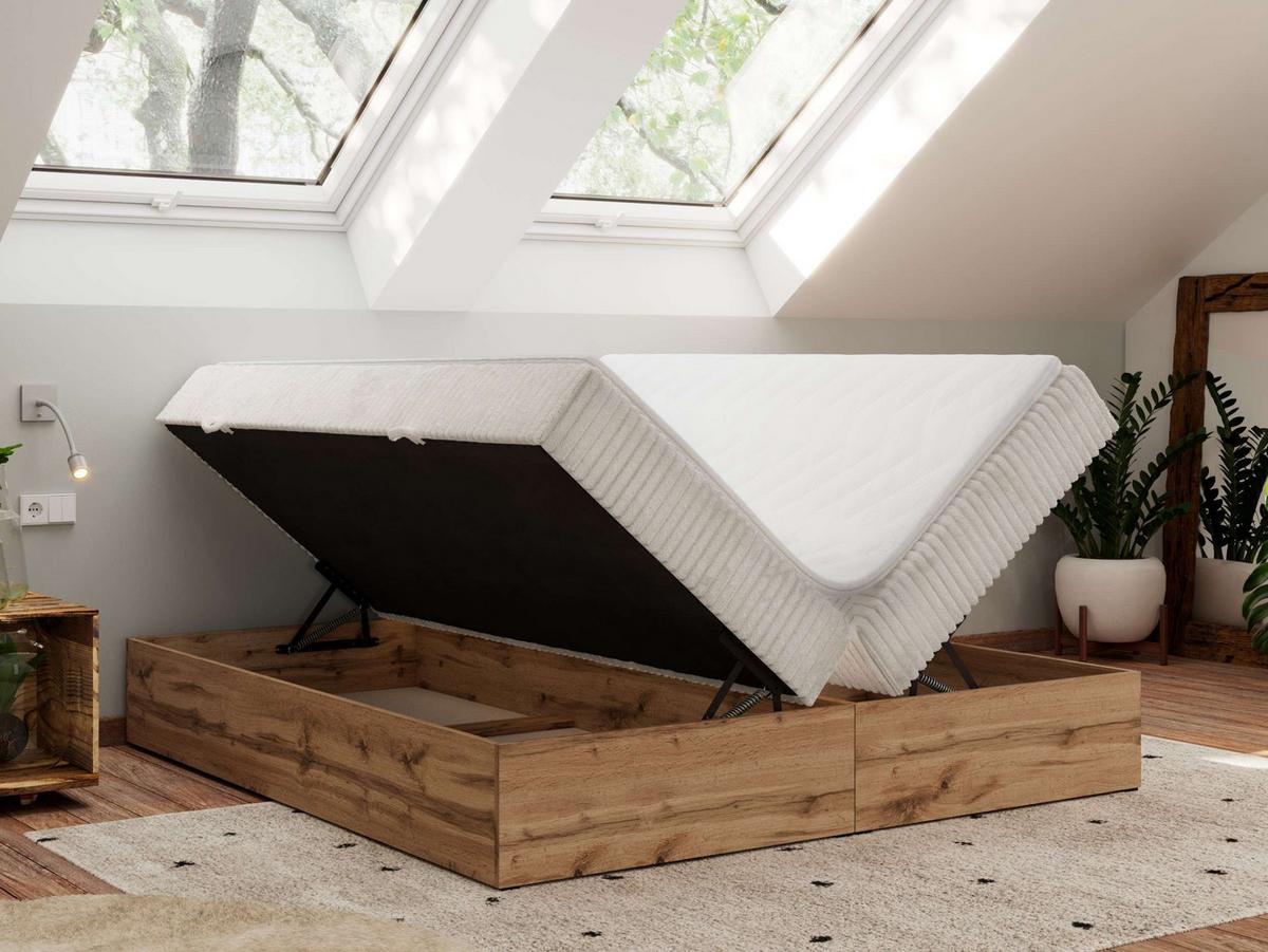 BOXBETT WOOD ZERO 160/200 - Beige Cord - H3 - Topper Visco - Beige, Textil (160/200cm) - MKS