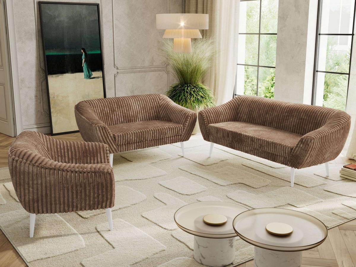 SITZGARNITUR PIRS 3+2+1 - Braun Cord - Weiße Beine - Braun/Weiß, Holzwerkstoff/Textil (180/75/74cm) - MKS