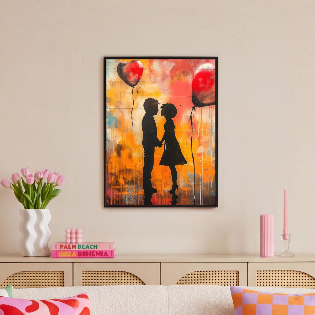 LEINWAND Bilder mit Rahmen - Straßenkunst - Liebe - Graffiti - Kunst - Banksy - 60x80 - Orange, Textil (60/80cm) - MuchoWow