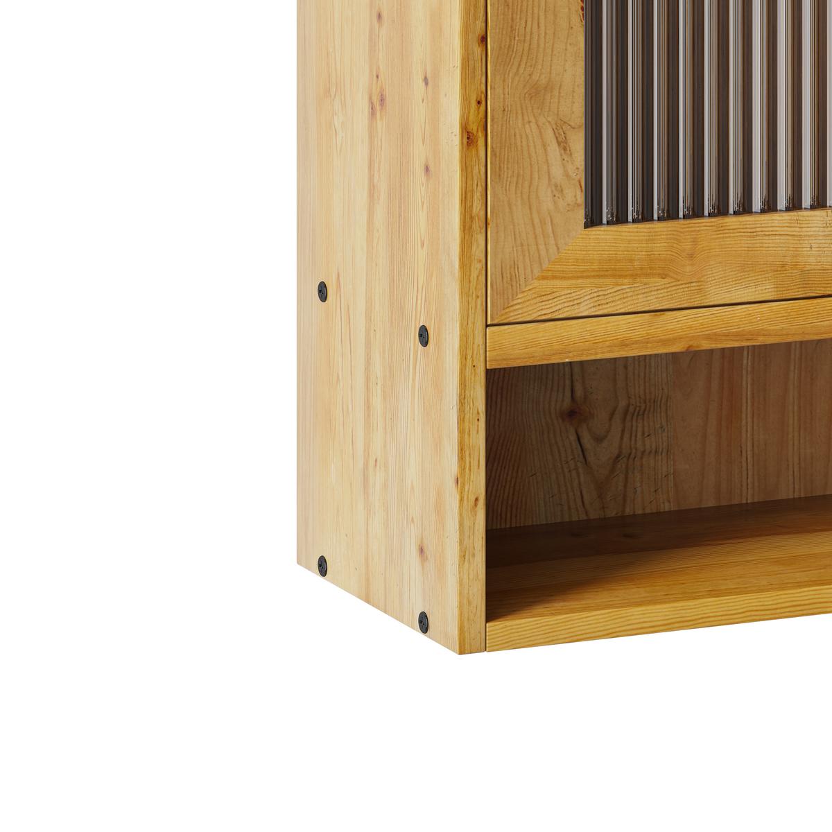 WANDSCHRANK Massivholz Schiebetüren Riffelglas Natur 3 Ebenen 90cm - Naturfarben, Holz/Holzwerkstoff (90/60/20cm) - Urban Meuble