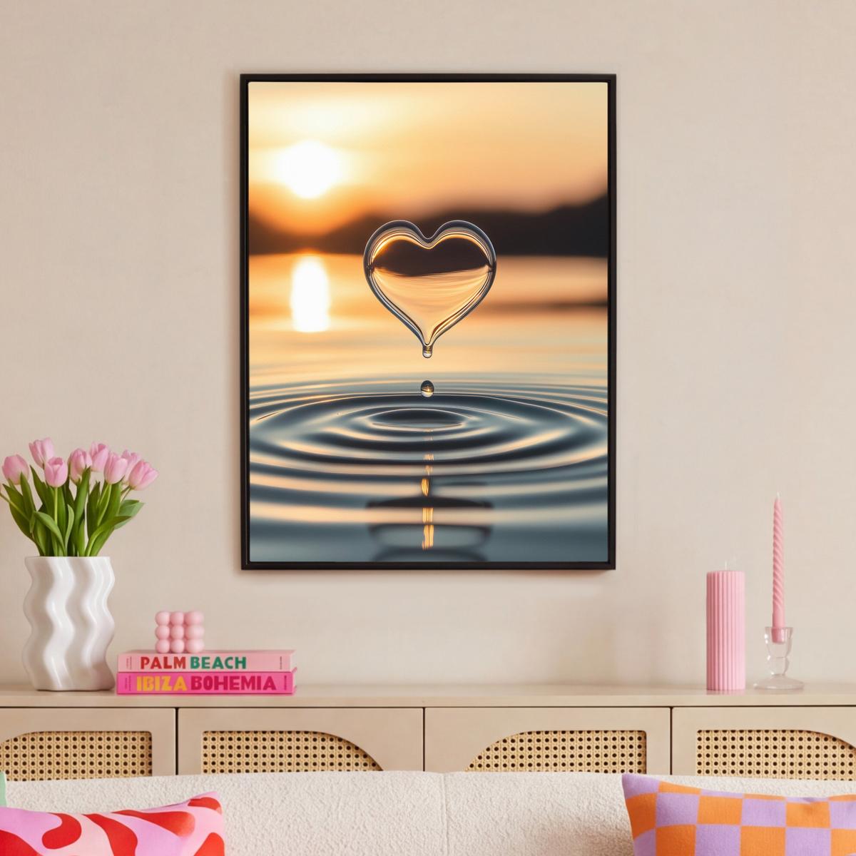 LEINWAND Bilder mit Rahmen - Herz - Wasser - Sonnenuntergang - Natur - Zen - 70x100 - Bernsteinfarben, Textil (70/100cm) - MuchoWow