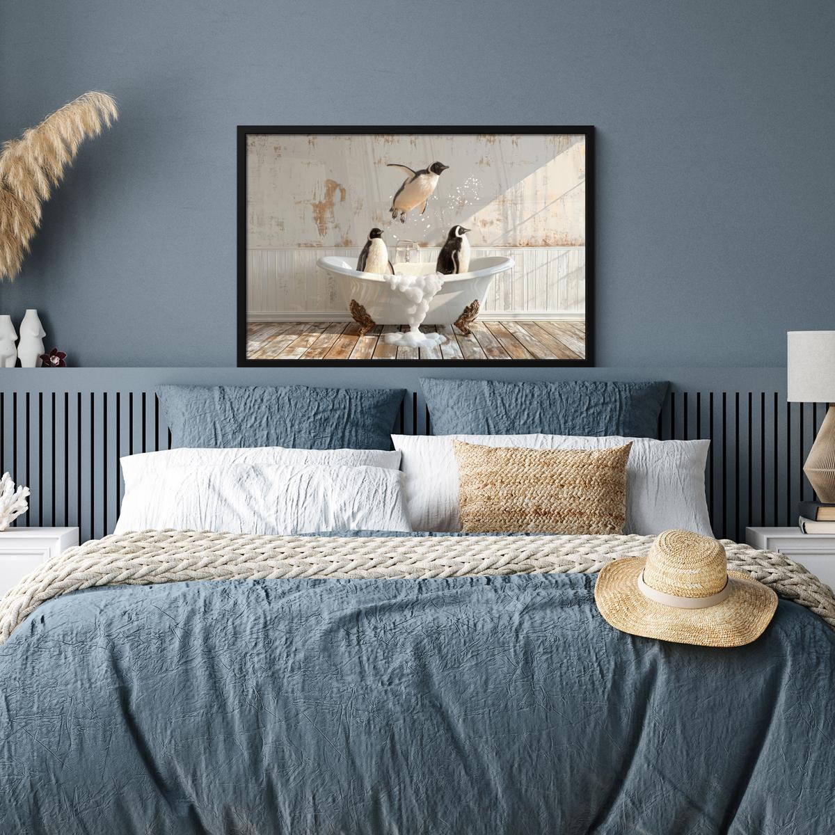 POSTER MIT RAHMENGERAHMTES BILD Vintage - Pinguin - Badewanne - Schaumstoff 90x60 cm - Schwarz, Papier (90/60cm) - MuchoWow